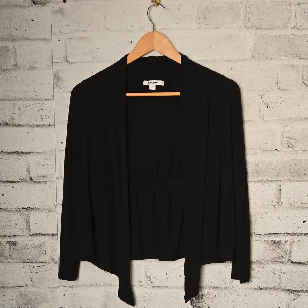 DKNY Black Waterfall Cardigan Open Front Tie Back Lightweight L